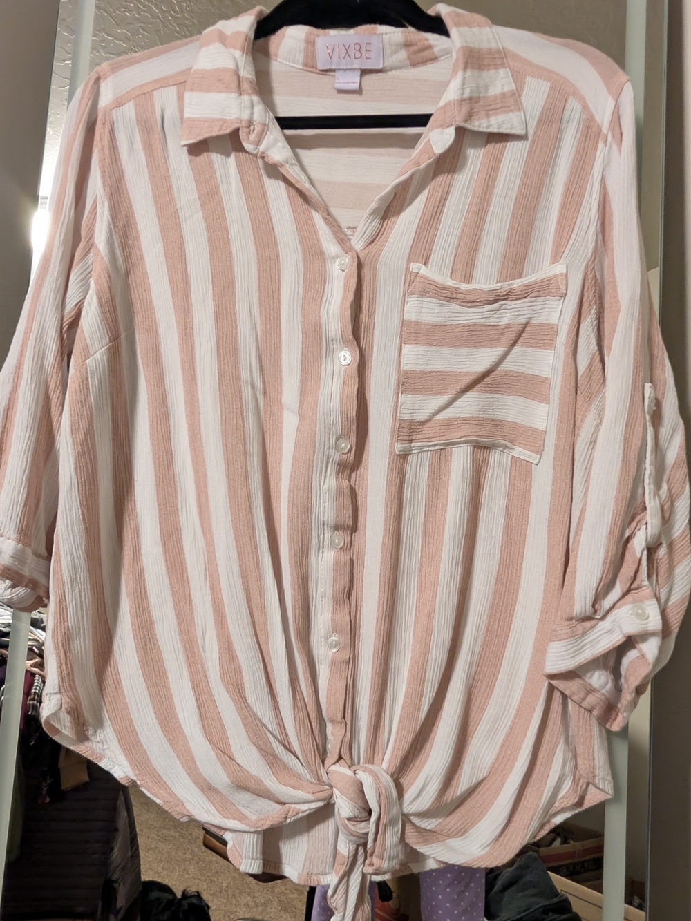 Vix Striped Pink and White Button-Front Tie-Hem Shirt